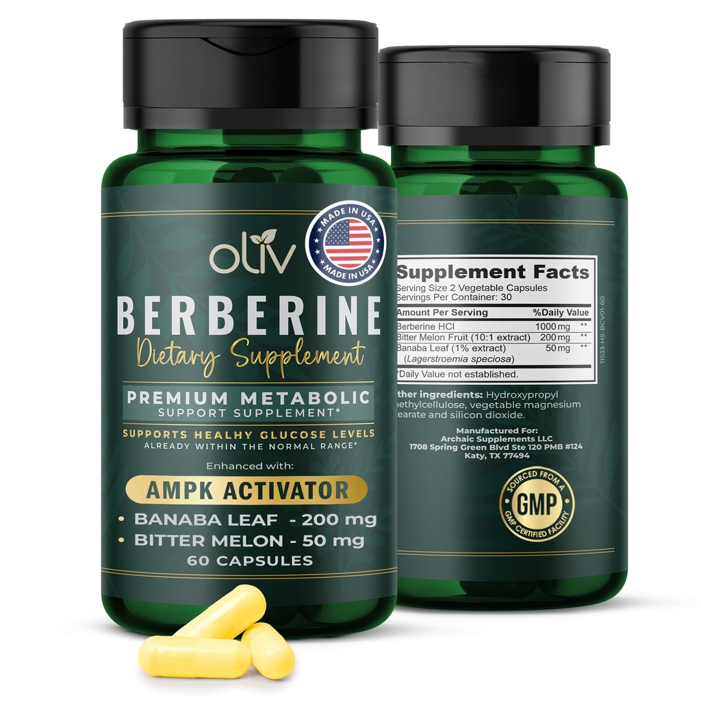 oliv Pure Berberine supplement kapsler - Berberine HCI 1000mg - Natural Metabolic Support med 200mg Bitter Melon Fruit Extract og 50mg Banaba Leaf - 2 Veggie kapsler Daily (30 Servere)