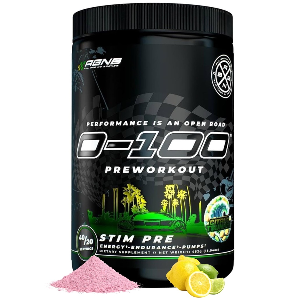 AGNB 0-100 Pre Workout Powder | 10g L-Citrulline, 450mg Caffeine, Alpha-GPC | High Stim Nitric Oxide Pump, Focus & Energy | No Beta Alanine, No Crash | Men & Women – Citrus Tsunami – 40/20 Servings