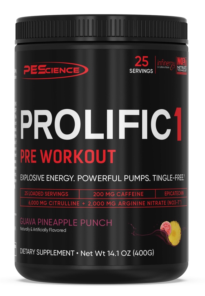 PEScience Prolific-1 Pre Workout Powder for Men & Women with L-Citrulline, Nitric Oxide Booster, Energy Powder & Nootropic for Focus, Preworkout without Beta Alanine – 25 Scoops, Guava Pineapple Punch