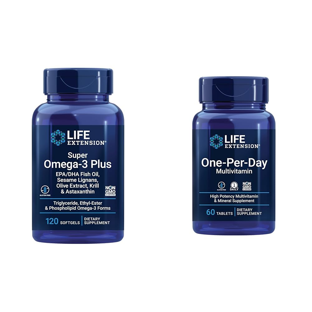 Life Extension Super Omega-3 Plus EPA / DHA Fish Oil, Sesame Lignan, Olive Extract & One- Per- Day Multivitamin - Pakket med over 25 Vitamin, Minerals & Plant