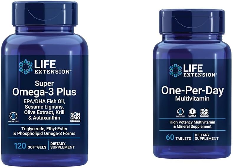 Life Extension Super Omega-3 Plus EPA / DHA Fish Oil, Sesame Lignan, Olive Extract & One- Per- Day Multivitamin - Pakket med over 25 Vitamin, Minerals & Plant