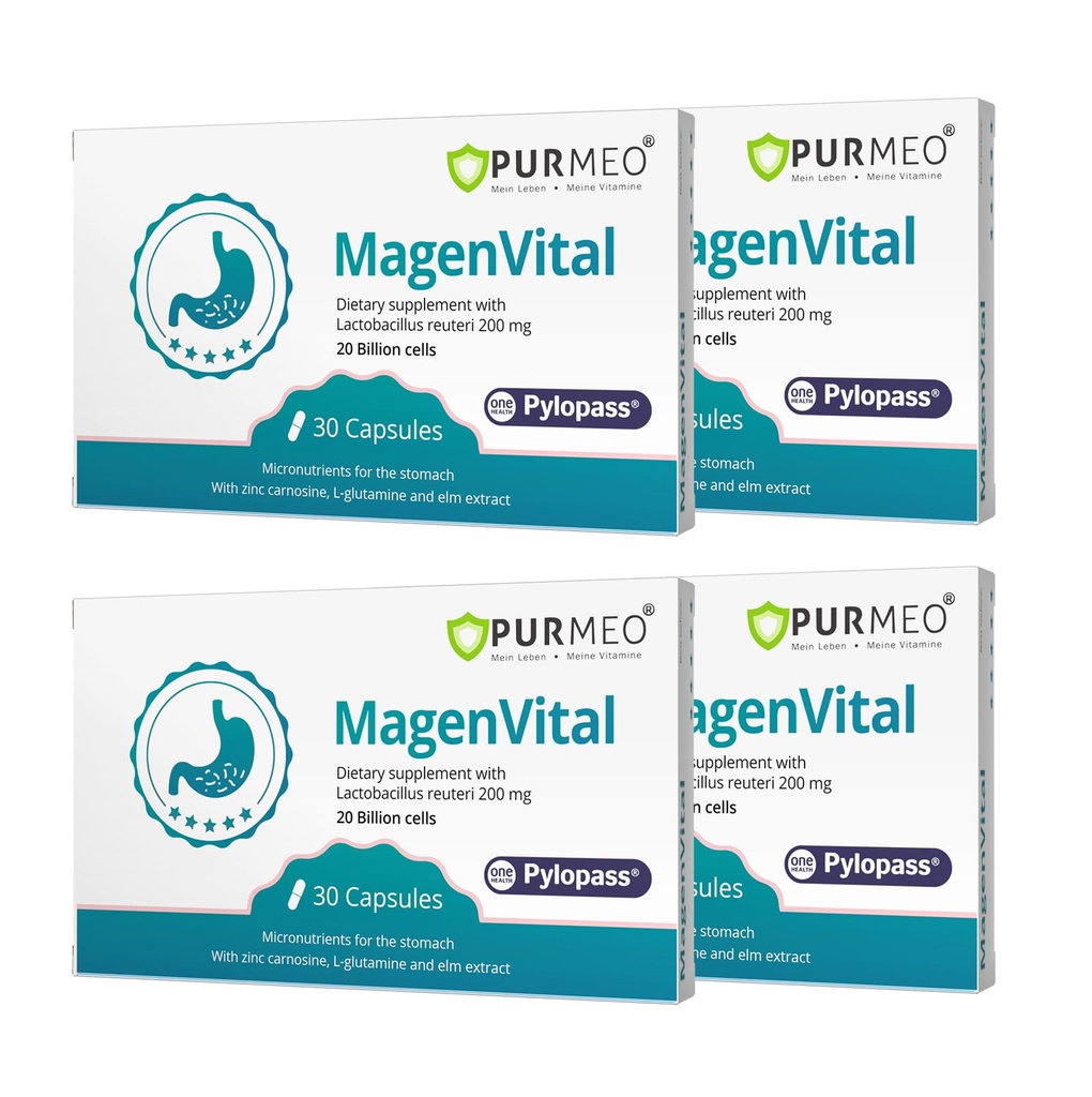 purmeo 4 Pack MagenVital Pylopass H. Pylori Probiotic Supplement - 1 Per Day - Gastritis, Acid Reflux, Heartburn, Stomach Lining Repair - Lactobacillus Reuteri DSM17648 - Made in Germany