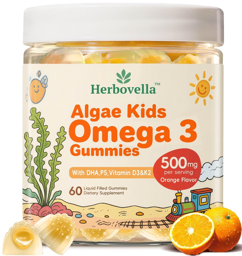 Algae Omega 3 Gummies for Kids - 500mg with DHA, Phosphatidylserine, Vitamin D3 & K2 - Sugar Free DHA Supplement for Brain& Eye - Fish Oil Alternative - Vegan, 60 Count