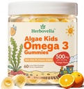 Algae Omega 3 Gummies for Kids - 500mg with DHA, Phosphatidylserine, Vitamin D3 & K2 - Sugar Free DHA Supplement for Brain& Eye - Fish Oil Alternative - Vegan, 60 Count