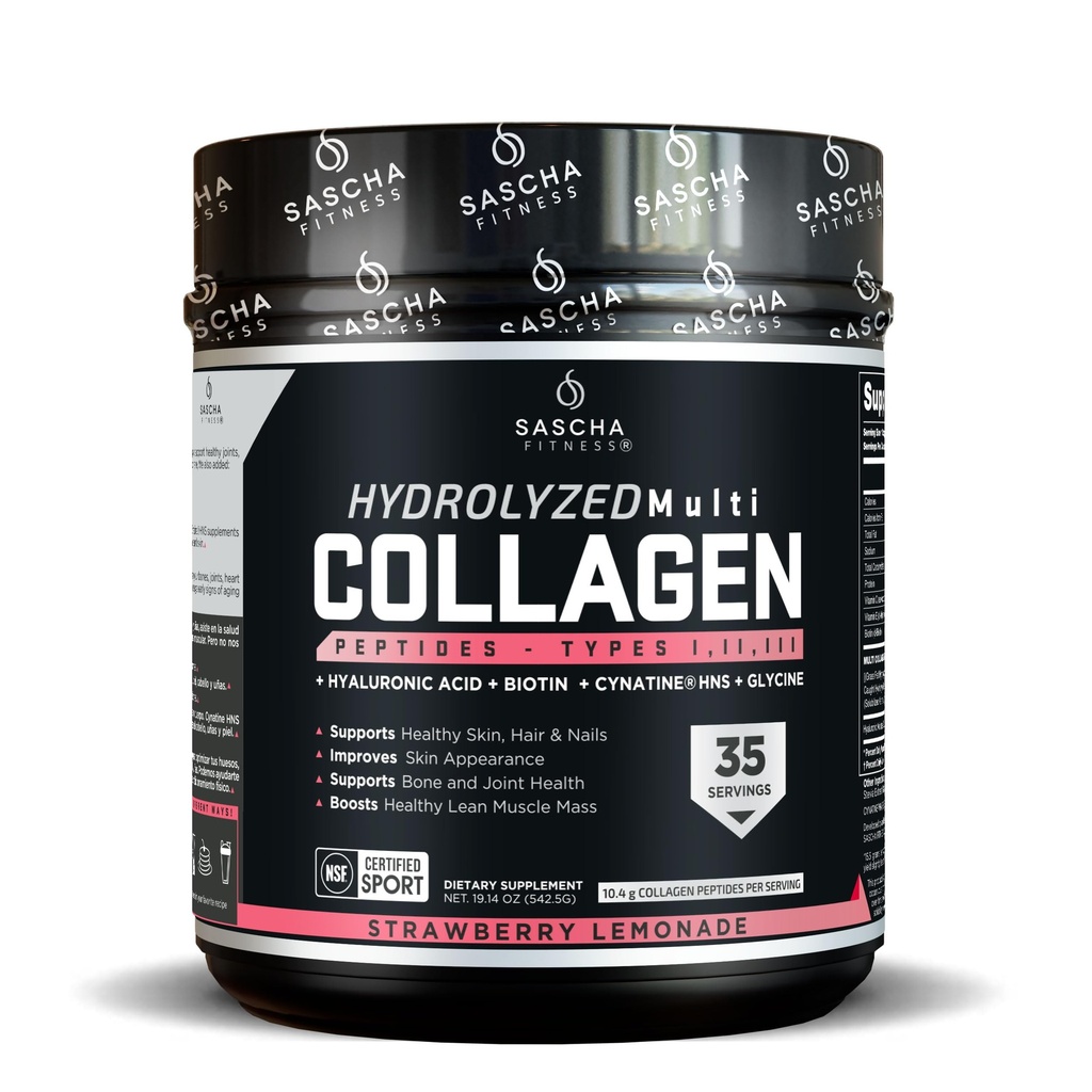 SASCHA FITNESS Hydrolyzed Multi Collagen Peptides Tipes 1,2 & 3 |Hyaluronic Acid|Biotin |Cynatine HSN|Vitamin C & E |for Hairs, Skin & Bone Support|Strawberry Lemonade