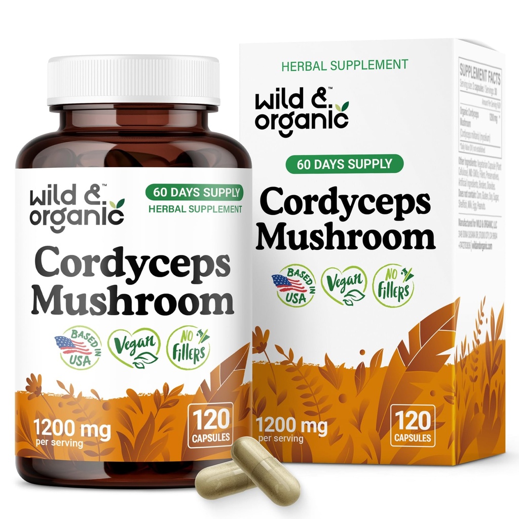 Wild & Organic Cordyceps Mushroom Capsules 1200 mg - Immune Support - Cordyceps Mushroom Powder Supplement - Pure Mycelium Extract - Vegan, No Fillers, Non-GMO - 120 Count