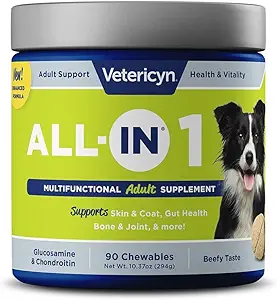 Veteryn All- in 1 Multifunktionel Hund Supplements 124; fordøjelsesenzymer + Glucosamin og Chondroitin for ben og fælles støtte + vitaminer, antioxidanter, Prebiotika, Probiotika, og Omegas. 90 Antal