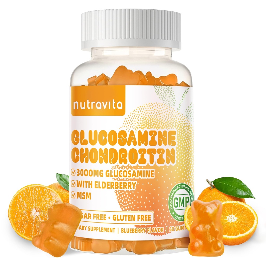 Nutravita Glucosamine Chondroitin Gummies med MSM & Elderberry Extra Strength - fælles støtte, Antioxidant immunforsvar supplement til voksne, Mænd & Women.60 Orange Chews
