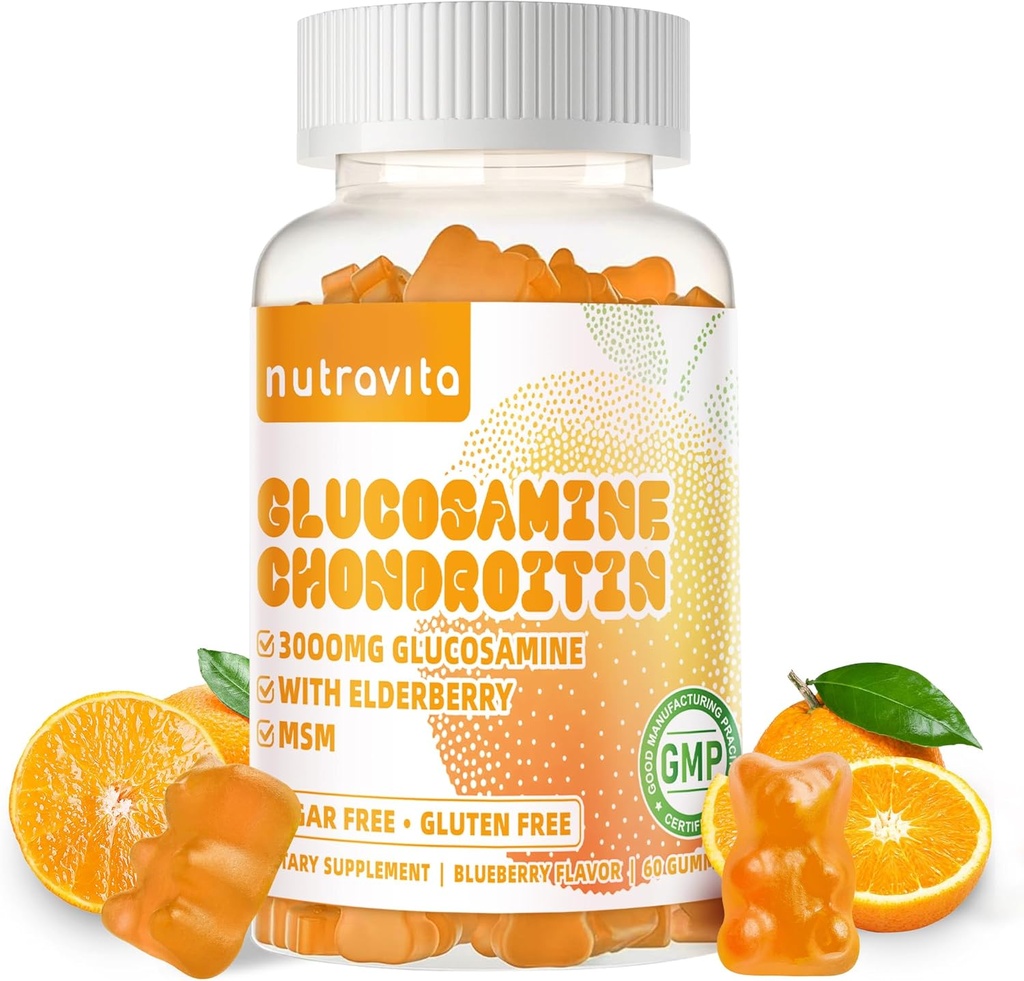 Nutravita Glucosamine Chondroitin Gummies med MSM & Elderberry Extra Strength - fælles støtte, Antioxidant immunforsvar supplement til voksne, Mænd & Women.60 Orange Chews
