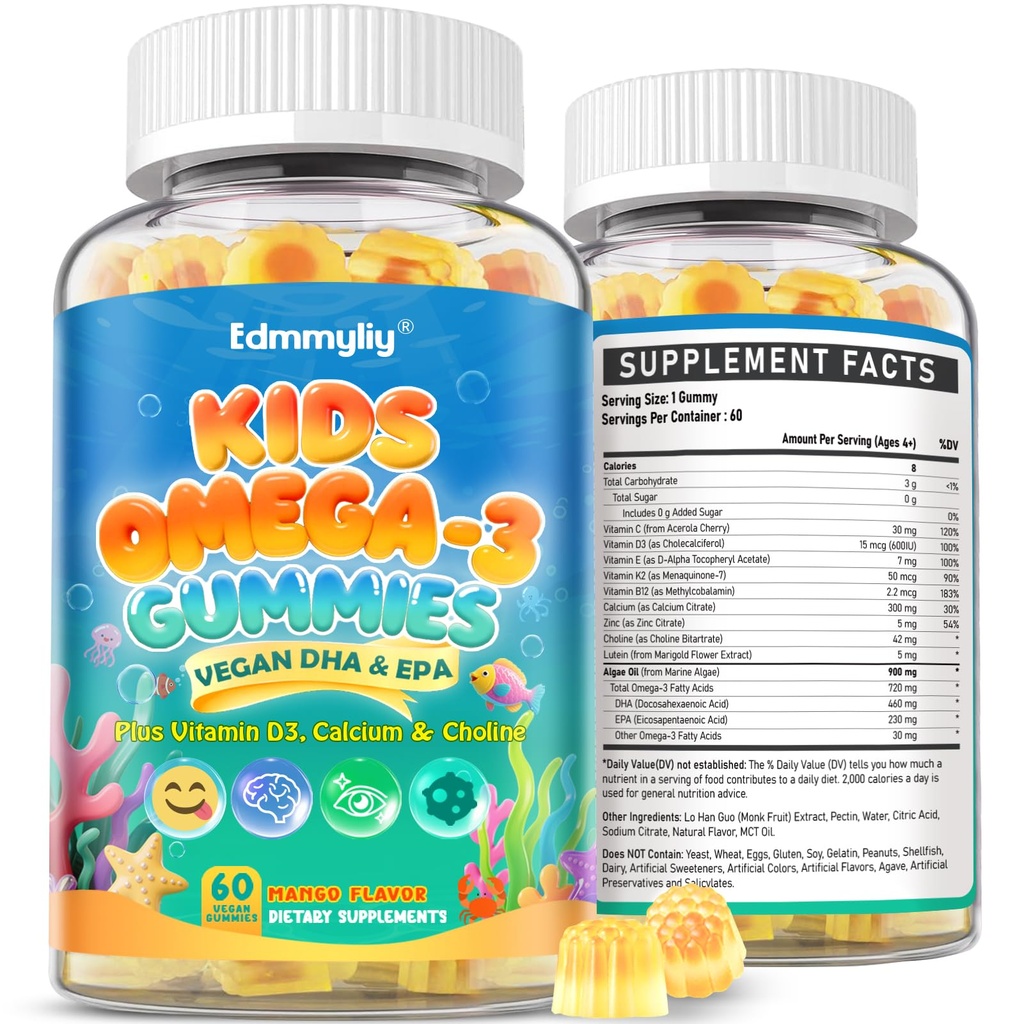 Kids Omega 3 Gummies - Algae Omega3 with Choline, Lutein, Vitamin D3 B12, Calcium, Zinc for Kids Brain Development, Eye, Energy & Immune Support - Daily Omega 3 Gummy - Sugar-Free & No Fish Taste