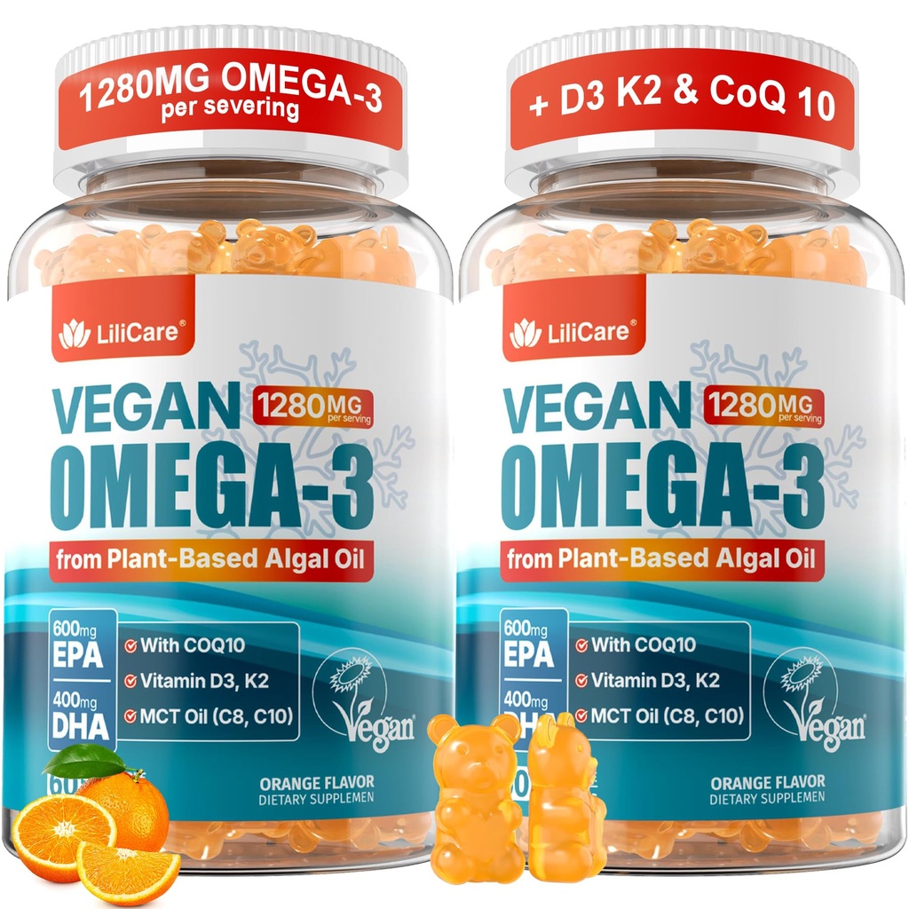 Vegan Omega-3 Gummies for Women, EPA 600mg & DHA 400mg, Omega 3 Fish Oil Alternative for Adults w/CoQ10, Vitamin D3 K2, No Fish Taste Omega 3 Fatty Acids Supplements, for Brain, Eye, Immune, 2 Pack