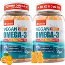 Vegan Omega-3 Gummies for Women, EPA 600mg & DHA 400mg, Omega 3 Fish Oil Alternative for Adults w/CoQ10, Vitamin D3 K2, No Fish Taste Omega 3 Fatty Acids Supplements, for Brain, Eye, Immune, 2 Pack