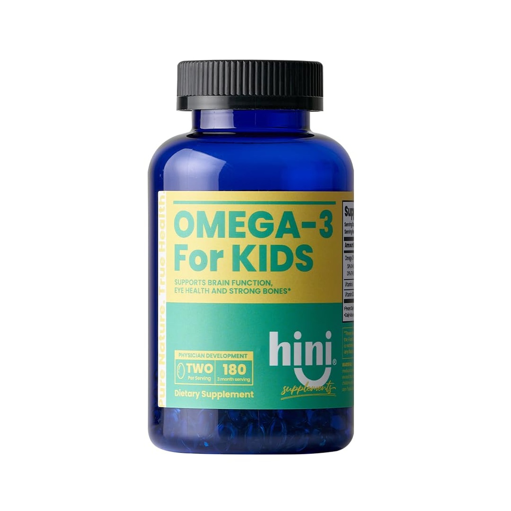 HINI Omega-3 for Kids- Omega 3 DHA Vitamins, Immunity Kids, Omega Vitamins for Brain & Eye Health and Strong Bones Support, 2 per Serving /180 Serving