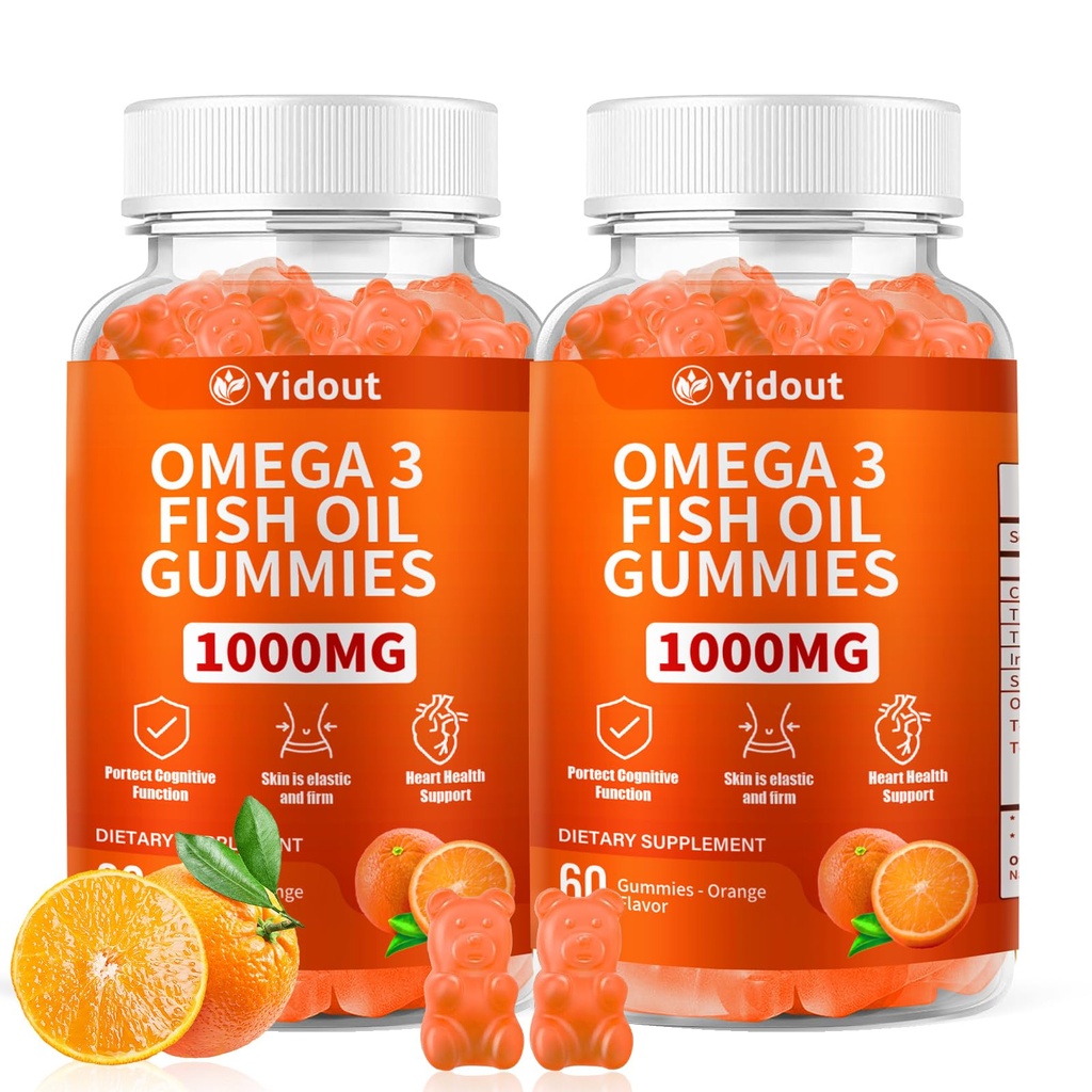 Omega 3 Fish Oil Gummies, Delicious Orange Flavor Fish Oil Gummy Supplements for Joint, Heart Health, & Brain Support (60 Count（Pack of 2）)