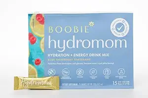 Boobie Hydromom Superfood Electrolyte Drink Mix, Blå Raspberry Lemonade MEP 124; Forfriskende energi & Hydration Boost til Mama MEP 124; On- The- Go & Travel Essentials for Graviditet, Amning, & Beyond, 15 Pakker