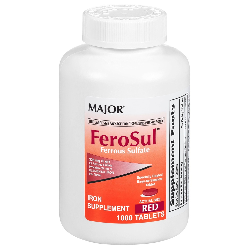 Major FeroSul - Ferrosulfate 325 mg tabletter - jerntilskud til kvinder og mænd - specielt belagt med easy- to- - Swallow tabletter - rød - 1000 Tæl