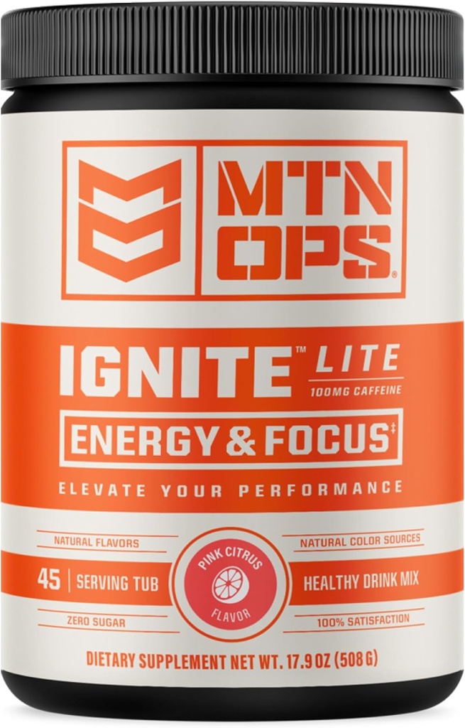 MTN OPS Ignate Lite Energy Drink Powder Gluten Free Nitroxide Supplement Drink Mix, L Arginin, L Citrullin, Koffein & Nootrop Sugar Free Drink Mix, 45 Servering, Pink Citrus