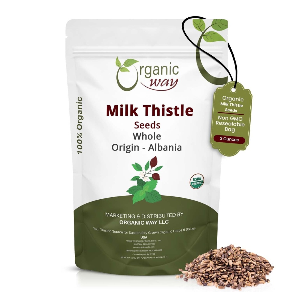 Organic Way Whole Milk Thistle Seeds (Silybum marianum) - Herabl Tea | European Wild-Harvest, Organic & Kosher Certified, Vegan, Non GMO & Gluten Free, USDA Certified, Origin - Albania (2 Oz)
