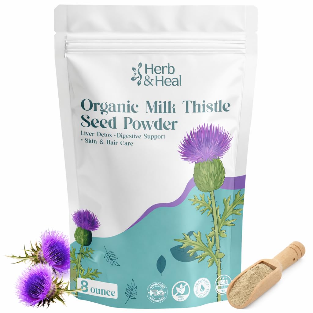Herb & Heal Organic Milk Thistle Powder | Liver & Digestive Support Herb | Ground Milk Thistle Seeds for Tea, Hair & Skincare DIY Remedies | Non-GMO, Vegan (8 Ounce)