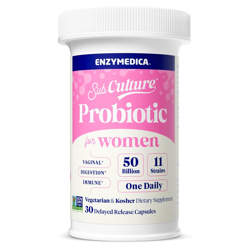 Enzymedica SubCulture Probiotika til kvinder Vaginal & Urinary Health, 50 Millioner CFU, Understøtter immunforsvar + fordøjelsessygdomme & regelmæssighed, 30 Greve