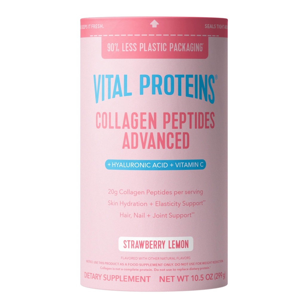 Vital Proteins Collagen Peptider Avancerede, Hydrolyserede Peptider med Hyaluronsyre og C-vitamin - Jordbær Lemon Flavor Pulver, 10.5oz