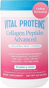 Vital Proteins Collagen Peptider Avancerede, Hydrolyserede Peptider med Hyaluronsyre og C-vitamin - Jordbær Lemon Flavor Pulver, 10.5oz