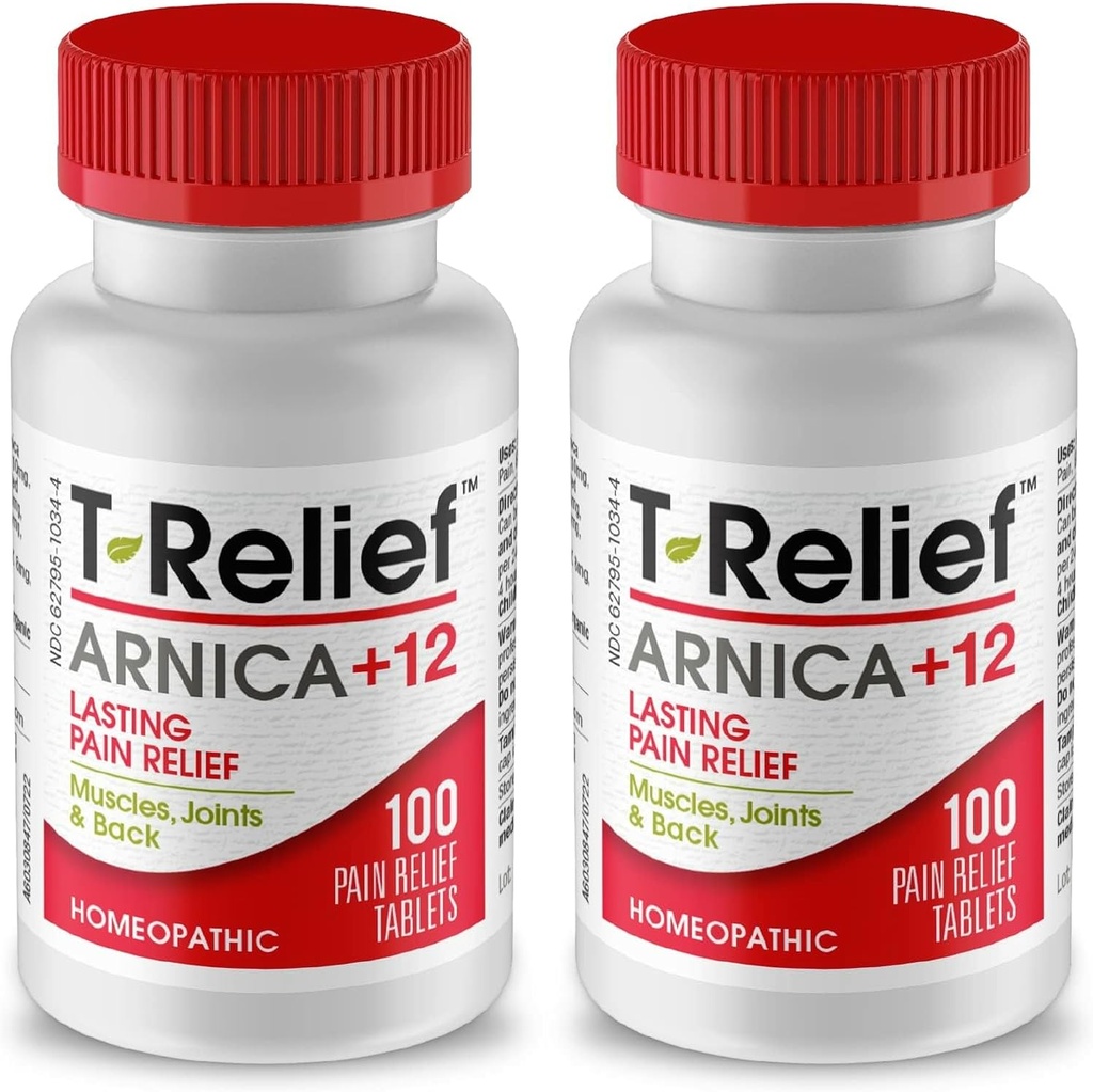 T-Relief Arnica + 12 Natural Reliving Actives for Ryg Smerte Fælles ømhed Muskelakker & Stiffness, Hele kroppen hurtigt fungerende Relief for kvinder & mænd - 100 tabletter (2 Pack)