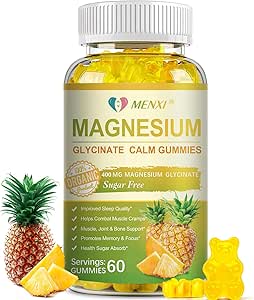 Magnesium Glycinate Gummies 400mg, Sugar Free Magnesium Taurat, Malat tillæg med D-vitamin, B6, CoQ10 for afslapning, Stress Relief, Muscle, Bone & Sleep Support - 60 Ananas Gummies