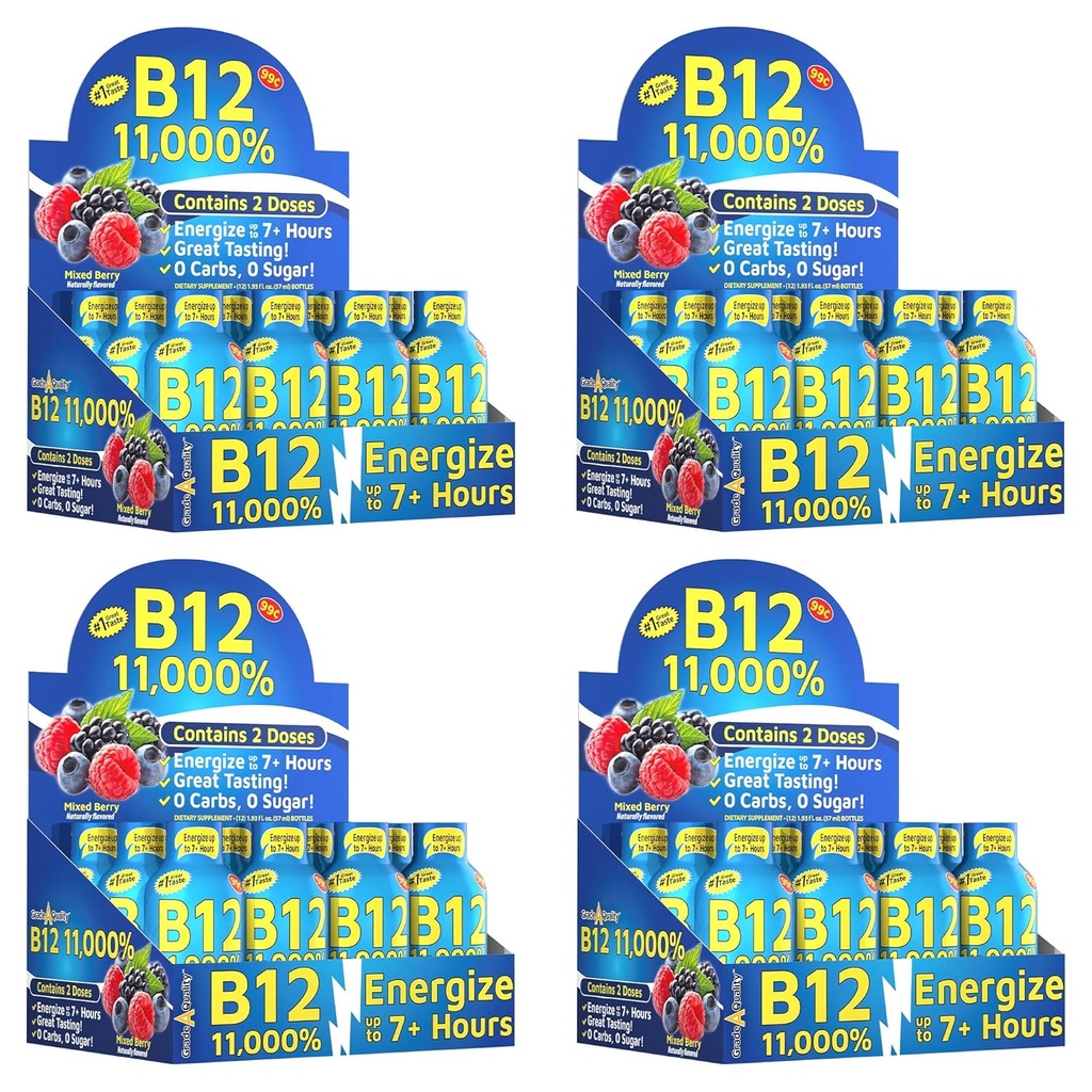 Grade A kvalitet, B12 blandet Berry Flavor, Op til 7 + Timer af energi, 1,93 Fl Oz, 48 Tæl