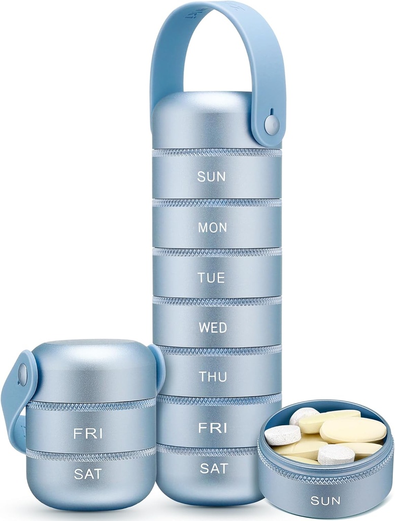 Zannaki Metal Weekly Pill Organizer, Stor rejse Pill Box 7 Dag, Vandtæt Daily Pill Case med Silicone Handle, Aluminium Alloy Portable Pill Holder Container til Vitamin, Medicin, tillæg, piller