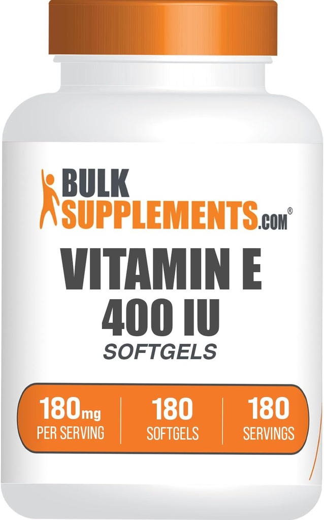 BulkSupplements.com Vitamin E 400 IE Softgels - Vitamin E supplement, som D- Alpha- Tocopherol, Antioxidanter - Gluten Free, 1 Softgel per servering, 180 Greve (pakke med 1)