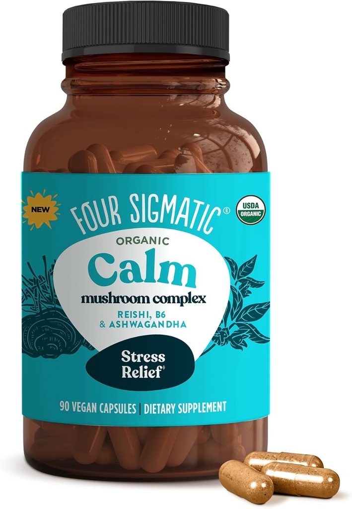 Fire Sigmatic Calm Capsules Measures 124; Vegansk Stress Relief supplement til fremme af positiv mood med Organic Ashwagandha Powder, Organic Reishi Mushroom, Tulsi (Holy Basil Extract), Vitamin B6 Measures 124; 30 Serveringer