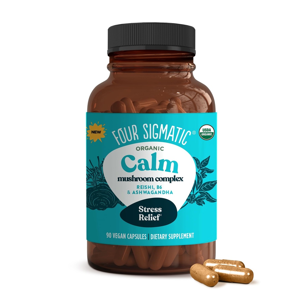 Fire Sigmatic Calm Capsules Measures 124; Vegansk Stress Relief supplement til fremme af positiv mood med Organic Ashwagandha Powder, Organic Reishi Mushroom, Tulsi (Holy Basil Extract), Vitamin B6 Measures 124; 30 Serveringer