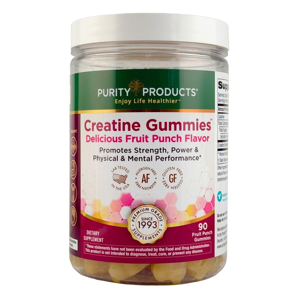 Purity Products Creatine Gummies – 3g Pure Creatine Monohydrate per Serving – Supports Muscle Fiber Growth, Strength & Recovery – Gluten-Free, Fruit Punch Flavor – 90 Gummies