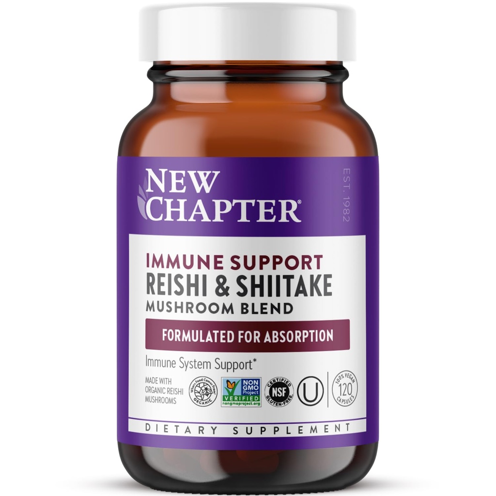 New Chapter Immune Support Reishi & Shiitake Mushroom Blend with Organic Reishi Mushroom, Vegan + Non-GMO, Nootropic Ingredients - 120 ct