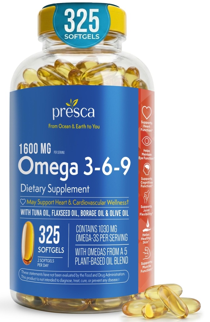 Omega 3-6- 9 Kosttilskud (325 ct.) - Fremme visuel funktion og øje sundhed - Support Heart, cardiovaskulær sundhed, sund hud, hår og samlet sundhed (Omega 3- 6- 9)