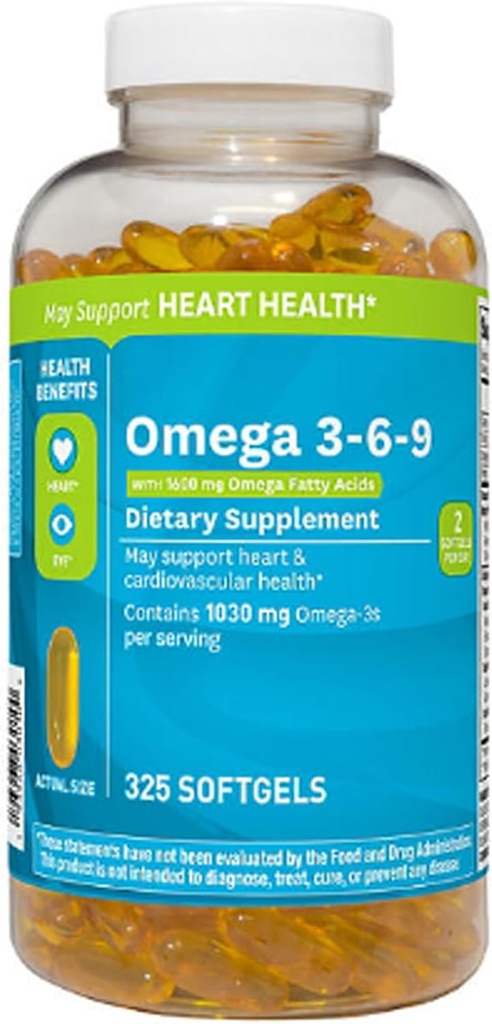 Omega 3-6- 9 Kosttilskud (325 ct.) - Fremme visuel funktion og øje sundhed - Support Heart, cardiovaskulær sundhed, sund hud, hår og samlet sundhed (Omega 3- 6- 9)