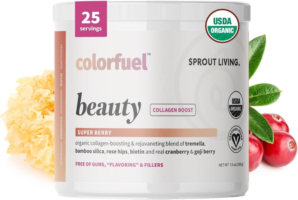Spraut Living, Colorfuel Beauty Powder Drink Mix, Organic Superfoods + Adaptogens MSD 124; Hår, Hud & Nails Support, Vegan Collagen Boost, Biotin, Silica, C-vitamin, Super Berry Flavor (25 Servere)