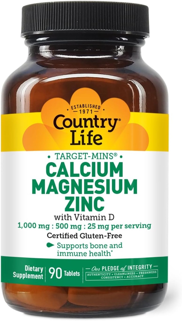 Country Life Calcium Magnesium Zink med vitamin D3 og L- Glutaminsyre, Kosttilskud til benstøtte, Certificeret Gluten Free, 1000mg / 500mg / 25mg, 90 tabletter