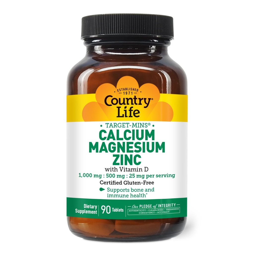 Country Life Calcium Magnesium Zink med vitamin D3 og L- Glutaminsyre, Kosttilskud til benstøtte, Certificeret Gluten Free, 1000mg / 500mg / 25mg, 90 tabletter