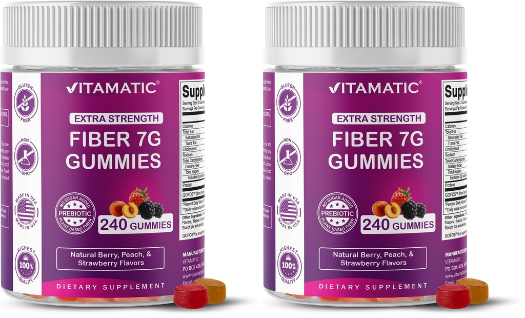 Vitamatic Prebiotic Fiber Gummies for Adults, 7G Extra Strength, Zero Sugar Added, 240 Pectin Based Gummies, Digestive Health & Regularity Support (Pack of 2)