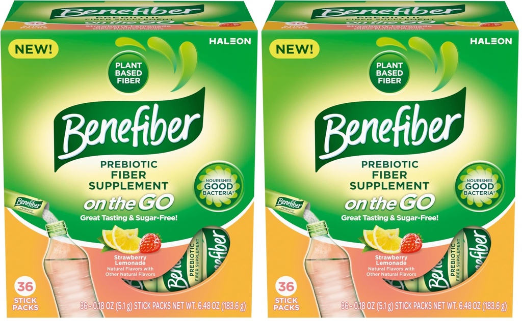 Benefiber Fiber Supplement, Strawberry Lemonade, On The Go Stick Packs, 36 Count (Pack of 2)
