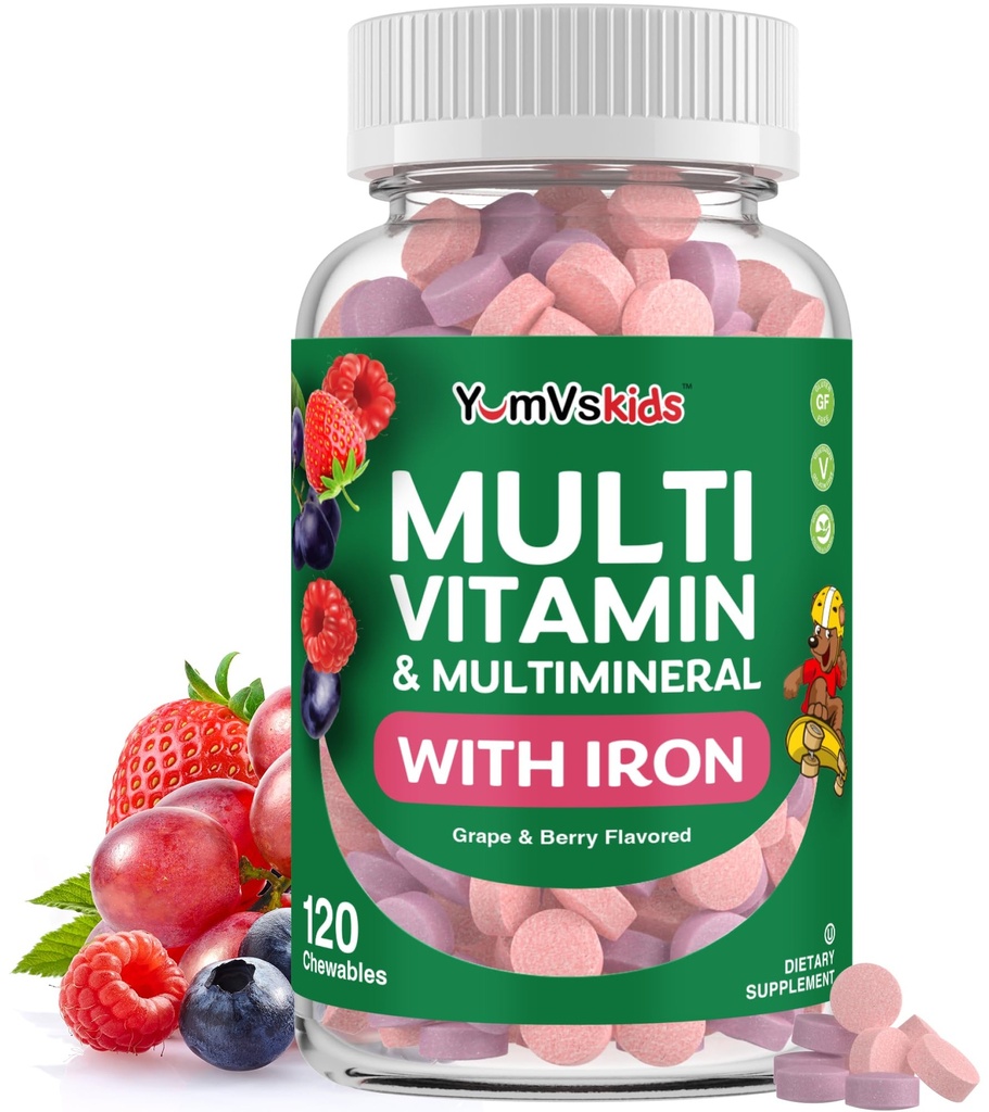 Yumvs Kids Multivitamin med jern & mineraler Chewable Tablets - Grape & Berry Flavor Vitaminer til Toddlers & Børn Alder 2 + - Daglig Multivitamin til immunforsvar - Kosher, Non- GMO - 120 Chewables