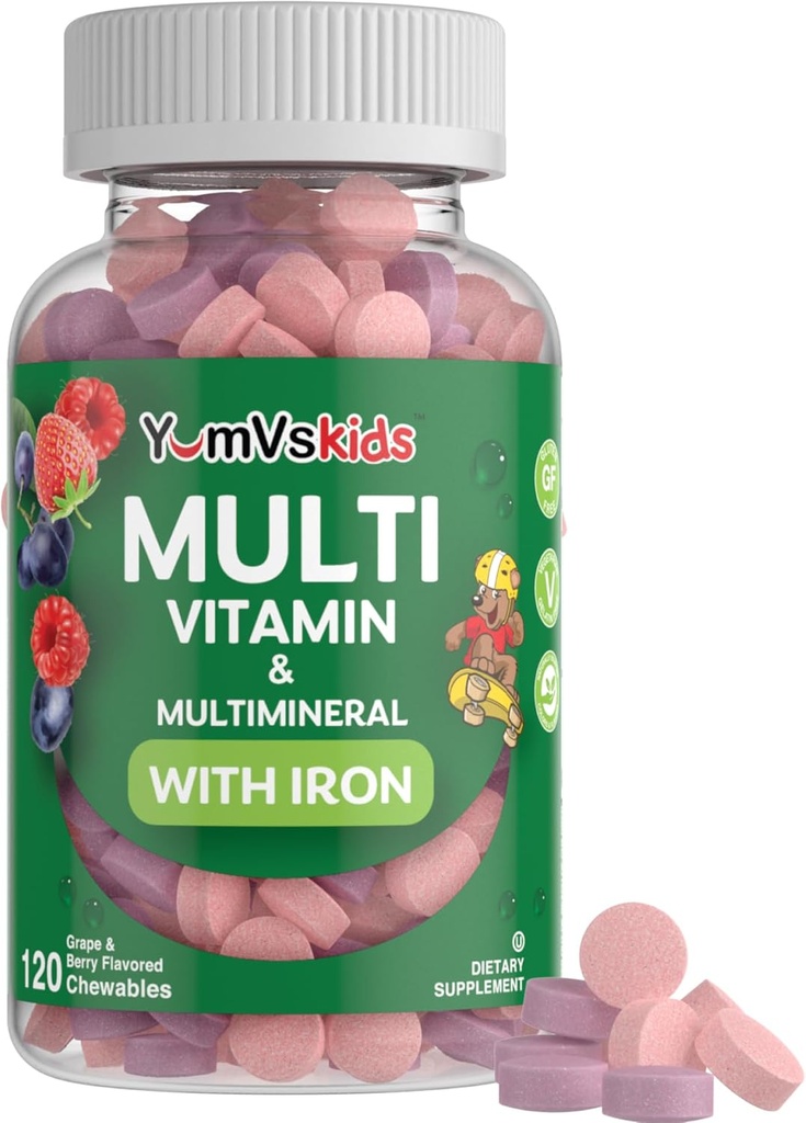 Yumvs Kids Multivitamin med jern & mineraler Chewable Tablets - Grape & Berry Flavor Vitaminer til Toddlers & Børn Alder 2 + - Daglig Multivitamin til immunforsvar - Kosher, Non- GMO - 120 Chewables