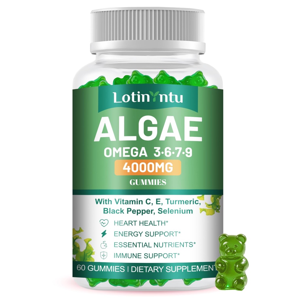 Algae Omega 3 Gummies 4000mg - Fish Oil Gummies Alternative from Algae Oil, DHA 1500MG & EPA 270MG, Vitamin C, E,Turmeric, Black Pepper & Selenium, Supports Heart, Brain & Immune Wellness, 60 Gummies