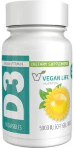 Vegansk Life Nutrition - D3- vitamin daglige kapsler til voksne (5000 IE) - Gluten- fri, ikke - GMO, understøtter bone sundhed og immunsystem - 60 kapsler