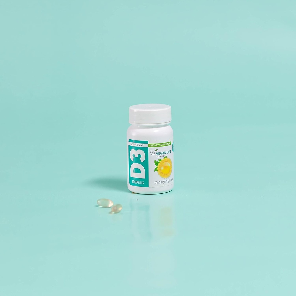Vegansk Life Nutrition - D3- vitamin daglige kapsler til voksne (5000 IE) - Gluten- fri, ikke - GMO, understøtter bone sundhed og immunsystem - 60 kapsler