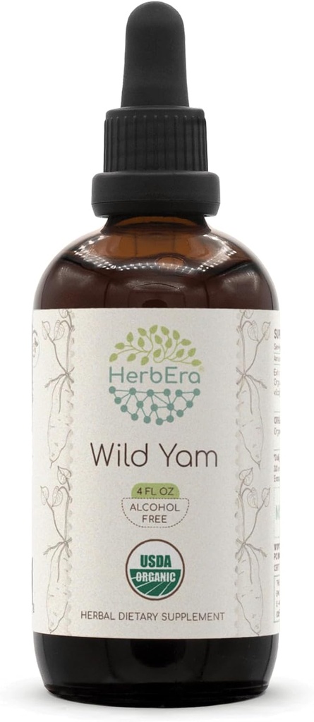 HerbEra Wild Yam B120 USDA Organic Alcohol- Free Herbal Extract Tinktur, Koncentrerede flydende dråber Natural Wild Yam (Dioscorea Villosa) Tørret rod 4 fl oz