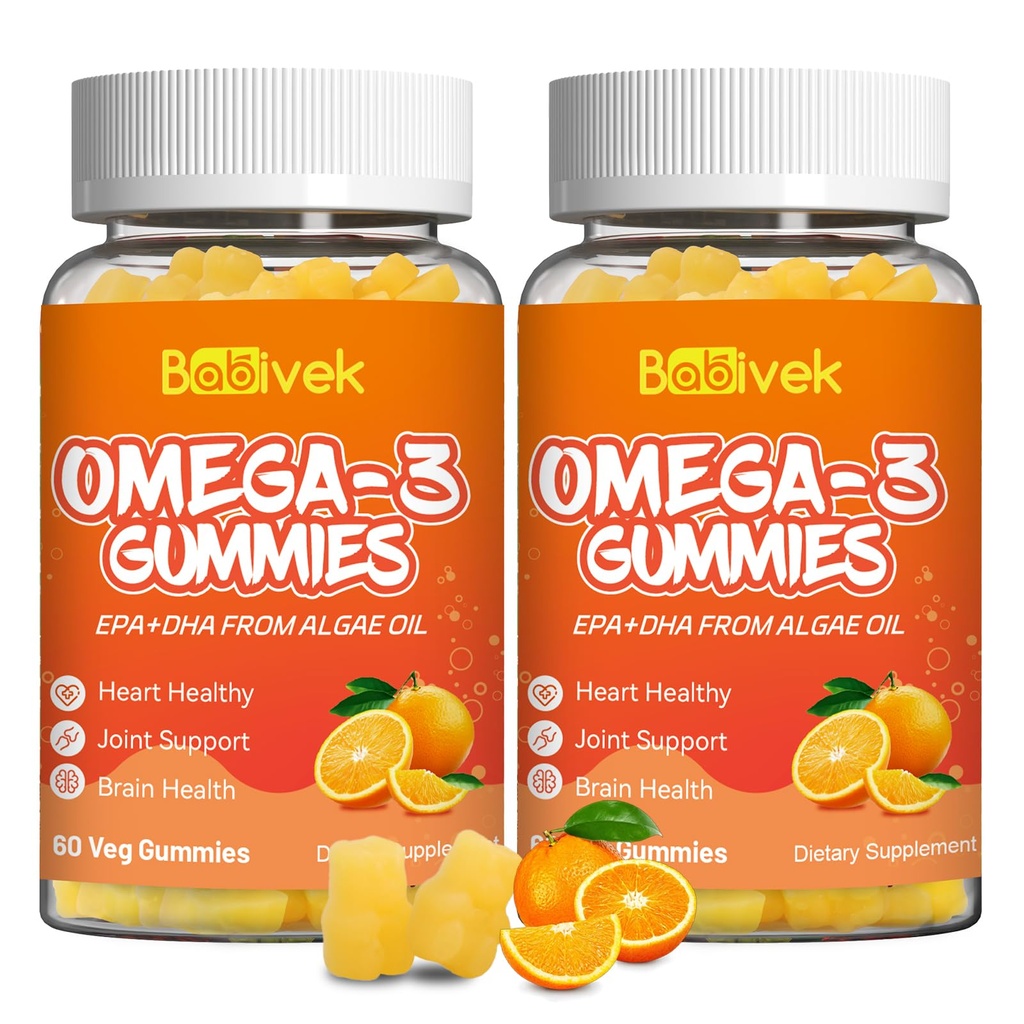 2 Pack Omega-3 Gummies Vegan 1200mg, EPA and DHA Omega-3 Fatty Acids with Folate, Vitamin A, Vitamins C & E, High Potency Omega 3 Supplements for Immune Support, 120 Count