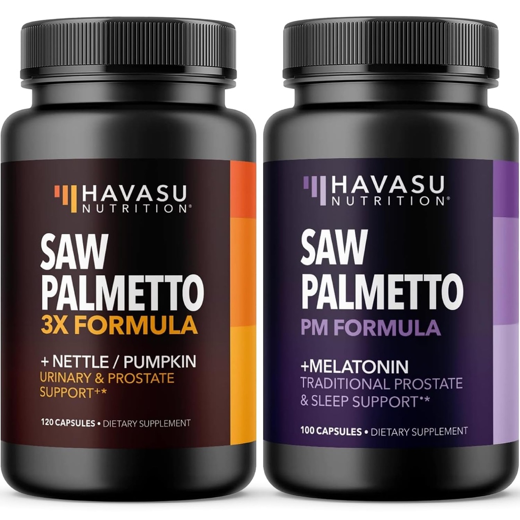 HAVASU NUTRITION Saw Palmetto PM for Men with Melatonin 3mg (60 Servings) & Pumpkin Seed Oil with Saw Palmetto for Men (60 Servings)